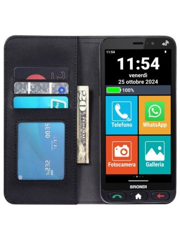 BRONDI AMICO VERO 4G (NERO) + FLIP COVER - SMARTPHONE PER ANZIANI - TASTO SOS - TORCIA - GPS - NOTIFICA AI PARENTI IN CASO DI CADUTA - CONTROLLO REMOTO - FOTOCAMERA - BASE DI RICARICA - CONNETTIVITA 4G
